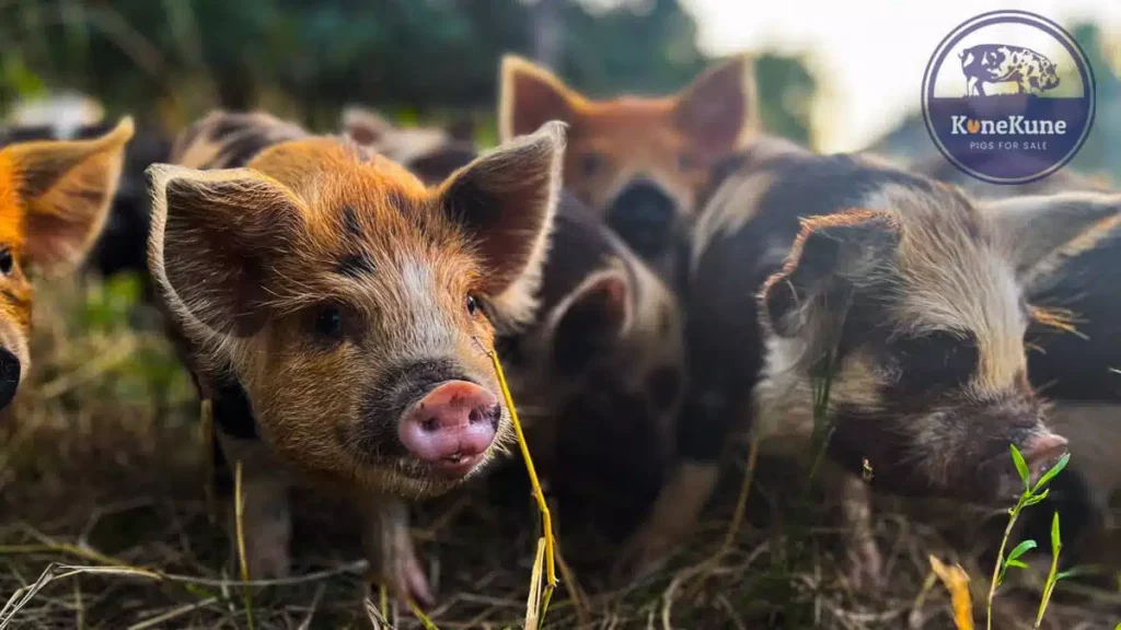 kunekune piglets in a row