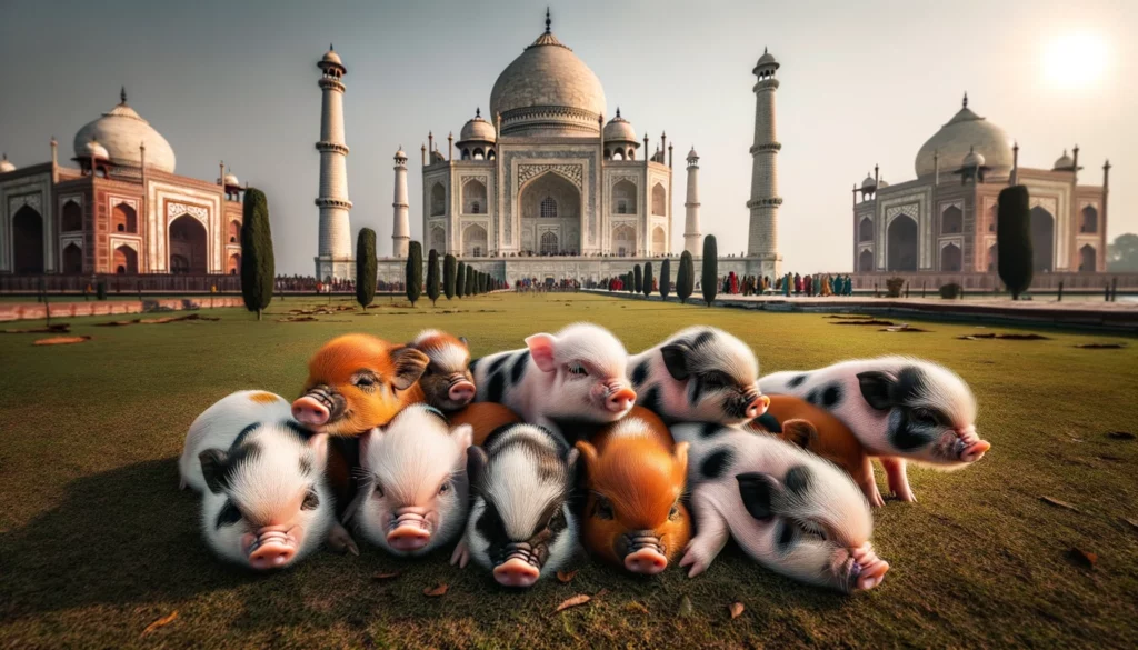 KuneKune Piglets in front of the taj mahal